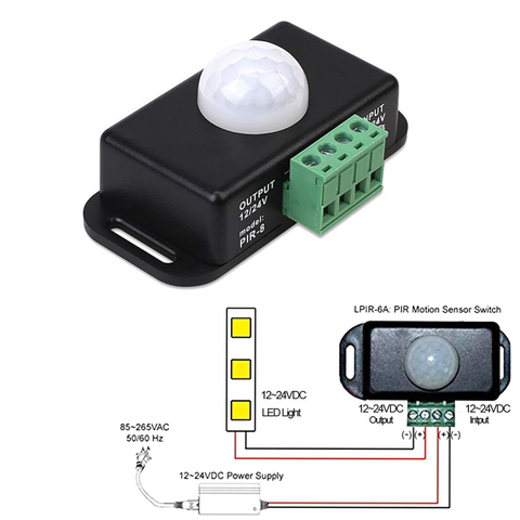 Interruptor de Sensor de movimiento PIR automático, ajustable, 12V, 24V, 8A, infrarrojo, IR, módulo de interruptor de luz para lámpara de tira LED ► Foto 1/6