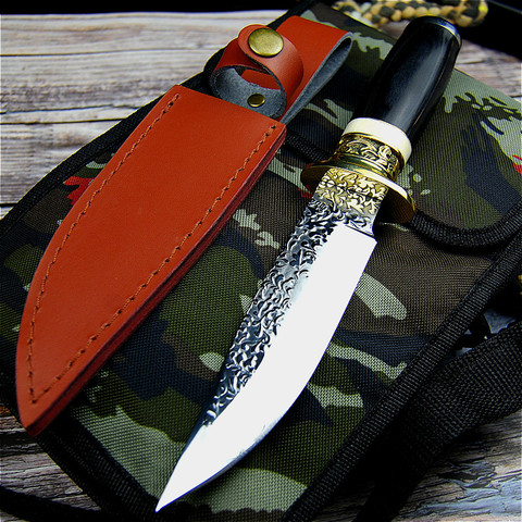 Cuchillo de caza de acero DC53 de Alemania, cuchillo táctico recto afilado con espejo de forjado, cuchillo de colección para ritual + Fundas de cuero ► Foto 1/6