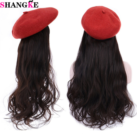 SHANGKE-pelucas de pelo largo ondulado de pescador sintético para mujer, extensión de cabello, gorro de punto blanco y negro, peluca de sombrero cálida a la moda para invierno ► Foto 1/6