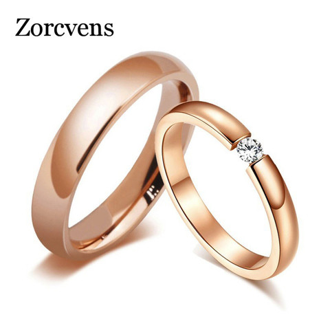 ZORCVENS-anillos de compromiso para parejas, de acero inoxidable, con piedra CZ, color oro rosa brillante 585, bandas de boda ► Foto 1/6