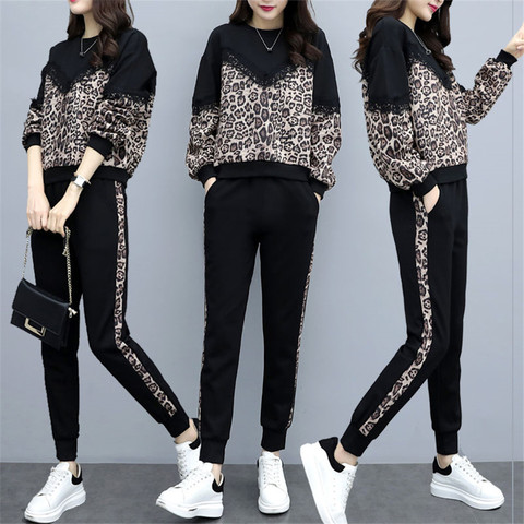 Chándal para mujer, moda de talla grande, pantalones de leopardo + tops cortos, trajes de talla grande, conjuntos de dos piezas, sudaderas ► Foto 1/6