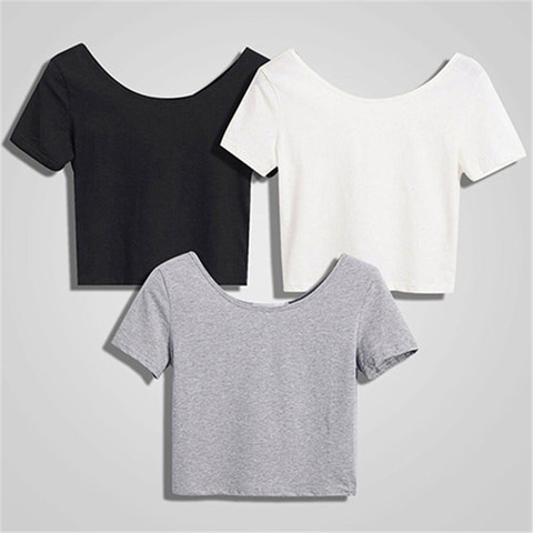 Camisetas de moda para mujer, Top corto, camiseta de Color sólido con cuello redondo de manga corta para mujer, camisetas recortadas sexys para mujer 2022 ► Foto 1/6