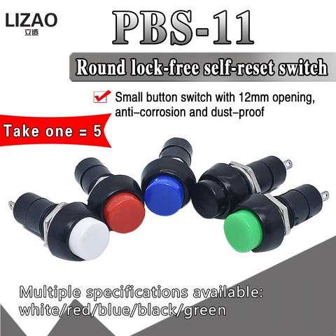 1 paquete = 5 uds. PBS-11B interruptor momentáneo de 2 pines 12mm sin bloqueo botón de encendido y apagado 3a 150V Negro Azul Rojo verde amarillo ► Foto 1/6