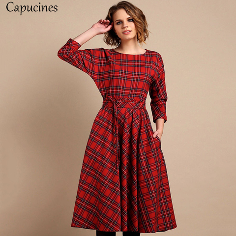 Vestido clásico estilo inglés a cuadros, rojo, para mujer, otoño 3/4, mangas, cuello redondo, fajas, corte en A, informal, Vintage, Midi, para fiesta ► Foto 1/6