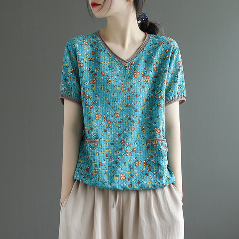 La literatura y el arte RETRO nuevo con cuello en V Camiseta de manga corta de verano de las mujeres Floral suelto de algodón ► Foto 1/6