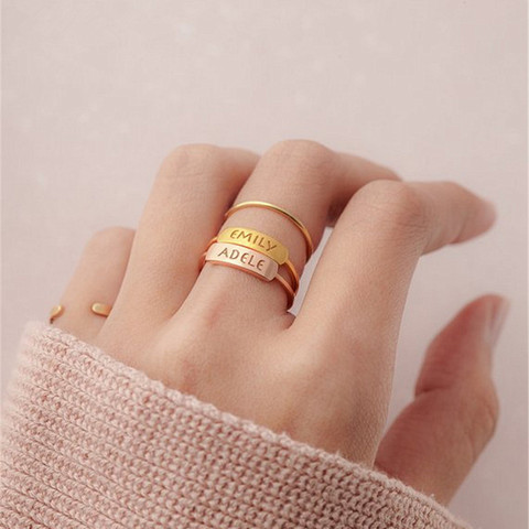 Anillo de nombre de acero inoxidable para mujer, joyería fina, grabado personalizado, oro rosa, anillos de barra apilables hechos a mano, regalo para amantes ► Foto 1/6