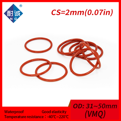 2 unids/lote de goma de silicona de oring VMQ CS 2mm OD31/32/33/34/35/36/38/40/42/45/46/50mm junta de silicona O-anillo impermeable de sílice gel ► Foto 1/6