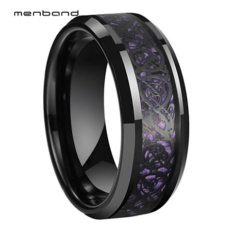 Anillo de carburo de tungsteno para parejas, anillo de carburo de tungsteno con incrustaciones de dragón negro de fibra de carbono púrpura, ajuste cómodo, color negro, 6MM y 8MM ► Foto 1/6