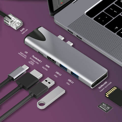 Adaptador USB 3,1 tipo C a RJ45 HDMI, Thunderbolt 3, USB C Hub con Hub 3,0, ranura para lector SD TF, para MacBook Pro PD/Air ► Foto 1/5