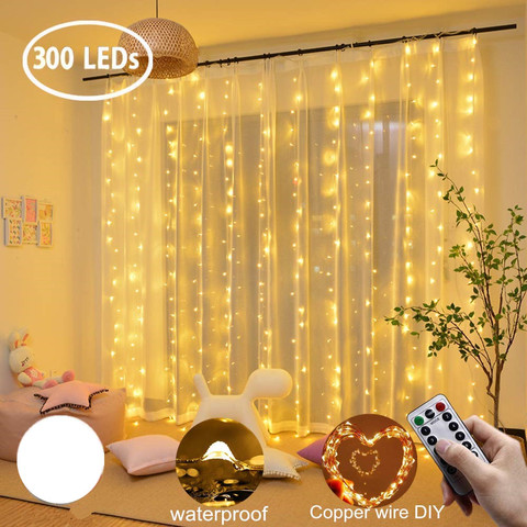 Cortina LED 3x3m 300LED, tira de luces USB de hadas, cable de cobre, control remoto, Navidad, boda, jardín, ventana exterior ► Foto 1/6