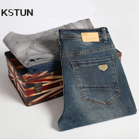 KSTUN-pantalones vaqueros de corte Regular para hombre, Vaqueros largos de negocios, Estilo Vintage, Retro Azul, talla grande 40 ► Foto 1/6