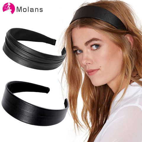 Molans-diademas de cuero liso para mujer, bandanas de piel sintética arrugadas, bandanas de pelo ancho en color negro marino a la moda ► Foto 1/6