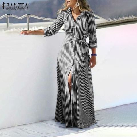 ZANZEA moda Otoño manga larga botones Maxi vestido largo mujeres elegantes solapa cuello rayas vestido camiseta Vestidos Mujer ► Foto 1/6