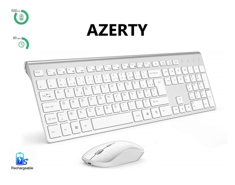 Teclado y ratón inalámbricos de diseño francés, Combo de tamaño completo delgado con teclado numérico AZERTYU con batería integrada ► Foto 1/6