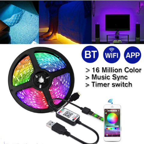 Tira de luces LED de 5V y 2m, cinta de luz Flexible con USB, bluetooth, 5050 RGB, 30LED/M, Control remoto por aplicación WiFi, retroiluminación de TV, IP65, color negro ► Foto 1/1