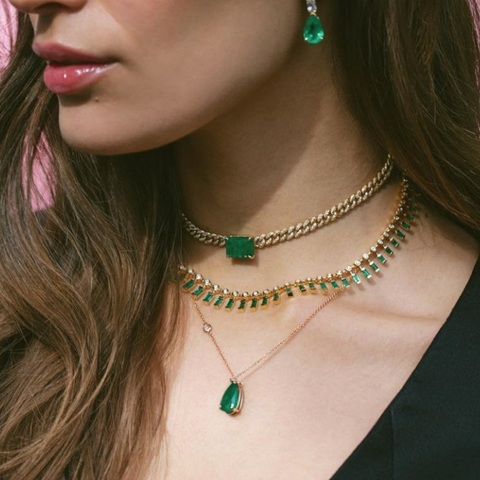 Collar de cadena de eslabones cubanos para mujer, Circonia cúbica gargantilla de verde grande, cz, 32 + 8cm ► Foto 1/6
