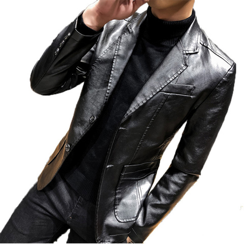 Invierno espesar de la PU de los hombres de chaqueta de cuero de moda Slim nuevas de cuero traje de negocios para hombre de cuero Casual chaqueta abrigos negros ► Foto 1/5