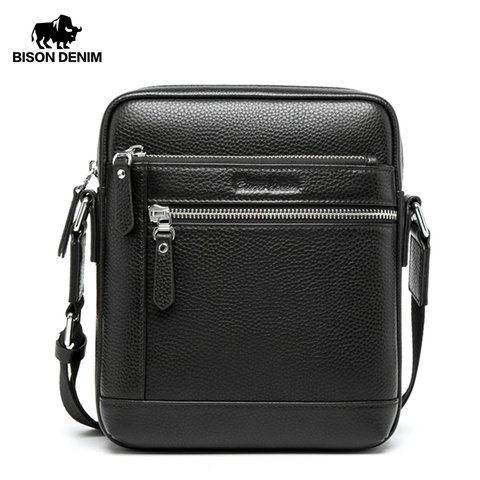 BISON DENIM clásico negro hombre bolsa de cuero genuino negocios Crossbody bolsa iPad hombres mensajero bolsa Casual bolsas hombre N2845 ► Foto 1/6