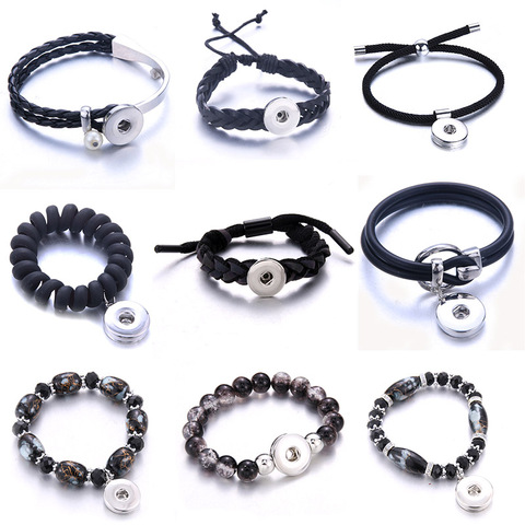 Pulsera de cuero a presión para mujer, brazalete de cuero negro con cuentas Vintage, de 18mm botones a presión, pulsera de cuero magnética Bohemia, 2022 ► Foto 1/6