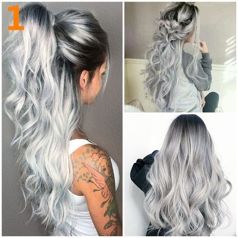 Peluca de cabello sintético para mujer, cabellera artificial largo ondulado con degradado, color negro y gris, resistente al calor, para fiesta y Cosplay ► Foto 1/3