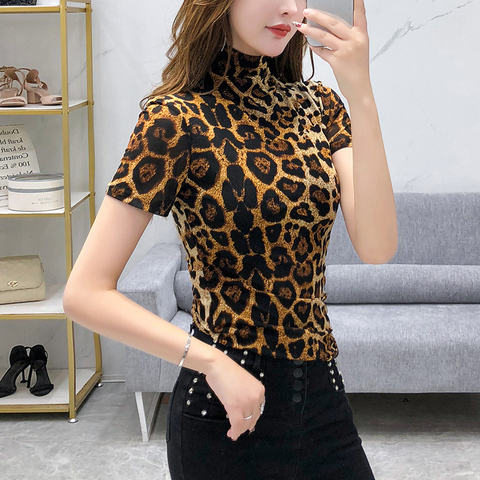 Camiseta de manga corta de algodón para Mujer, Ropa de verano europea, cuello alto, Sexy, leopardo, T03004, 2022 ► Foto 1/6