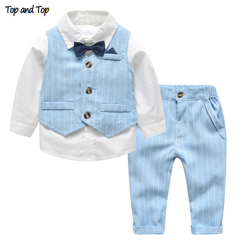 Partes de arriba para bebés de primavera y otoño, traje de caballero, camisa blanca con pajarita + chaleco a rayas + Pantalones, conjunto de 3 Uds de ropa Formal para niños ► Foto 1/6