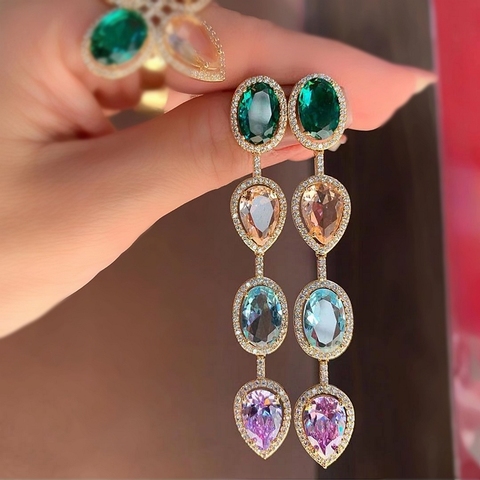 Pendientes largos de gota de agua de lujo para mujer, óvalo, cristal verde, Circonia cúbica, piedra MultiColor, línea de oreja, joyería Bohemia para fiesta ► Foto 1/6