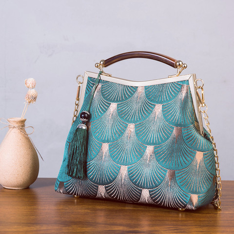 Bolso de diseño de flores y aves para mujer, bolsa de concha con cerradura, Vintage, hecho a mano, cadena de flecos, tipo bandolera bolso de hombro, elegante ► Foto 1/6