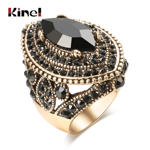 Kinel de lujo negro antiguo anillo para las mujeres aspecto Vintage cristal AAA joyas Boho de Color oro encanto étnico anillo de boda ► Foto 1/6