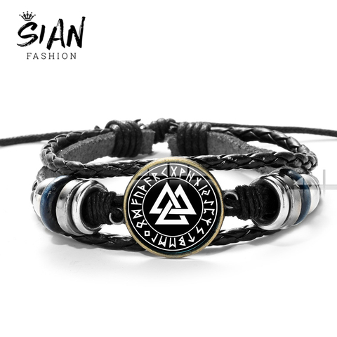 SIAN Hot-pulsera de cuero con símbolo de Guerrero para hombre, brazalete trenzado multicapa con amuleto de Valknut ► Foto 1/6