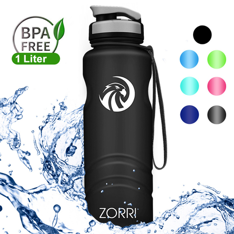 ZORRI-botella de agua negra de gran tamaño para deportes al aire libre, botella de agua de 1 litro de botella de agua para ciclismo, turismo y Camping ► Foto 1/6