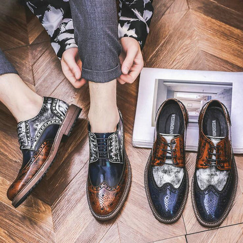 Masculino cores misturadas vestido de moda sapatos de couro rendas sapatos de festa de casamento masculino brogue negócios oxfords apartamentos A57-09 ► Foto 1/6