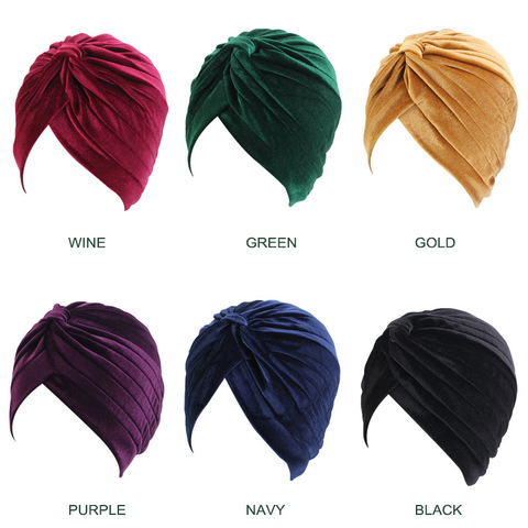 Nueva moda musulmana de terciopelo elástico/seda Cruz giro gorro turbante para quimioterapia Cap mujeres gorros gorras diadema de Color sólido, accesorios para el cabello ► Foto 1/6