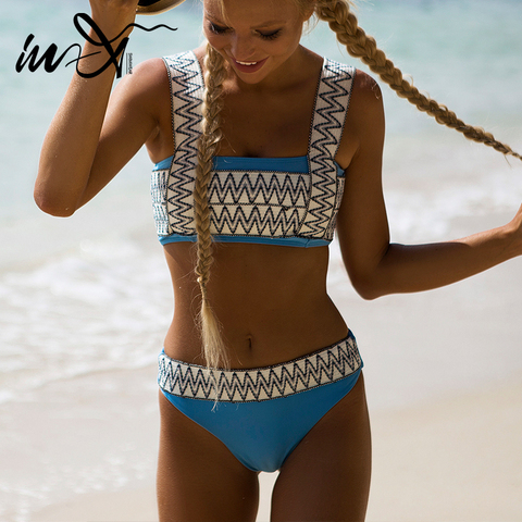 In-x-Conjunto de bikini de banda para mujer, bañador de cintura alta, traje de baño femenino de banda con estampado azul, ropa de baño grande ► Foto 1/6