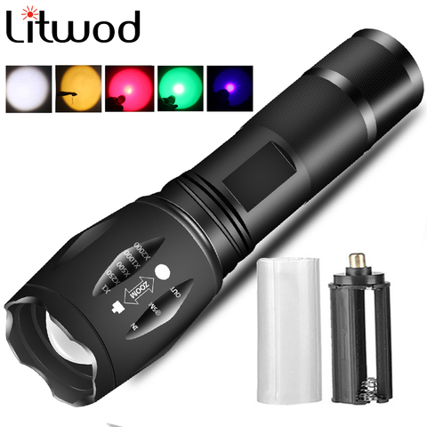 Linterna LED táctica XM-L2 U3 T6, antorcha impermeable con zoom, blanco, amarillo, rojo, verde, azul, 6 colores, linterna de luz ultravioleta para acampar ► Foto 1/6