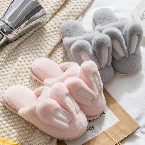 Zapatillas de piel sintética con Orejas de conejo para mujer, pantuflas cálidas, suaves, antideslizantes, para invierno, para el hogar, SH462 ► Foto 1/6