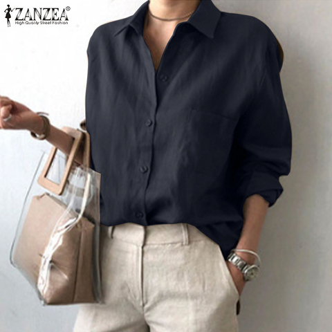 ZANZEA informal-Blusa de manga larga con botones para Primavera, Camisa lisa con estilo para mujer, con solapa, 2022 ► Foto 1/6