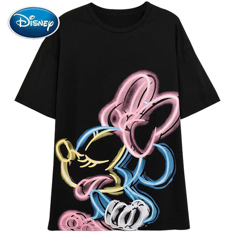 Disney camiseta de moda de neón Graffiti Minnie Mouse de impresión de dibujos animados de las mujeres Camiseta de manga corta cuello de algodón Tee tapas de mujer negro ► Foto 1/6