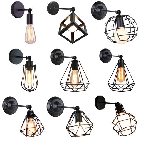 Vintage Industrial LED jaula Luz de pared Retro lámparas de pared para Loft lámpara Negra Sombra E27 apliques de luces moderno accesorio de iluminación para interior ► Foto 1/6