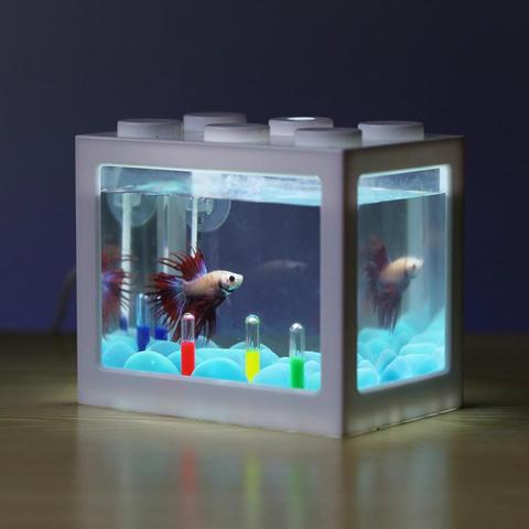 Mini acuario con luz LED, minipecera con USB, bloque de edificio creativo, hogar, oficina, mesa de té, decoración para peces, caja de alimentación ► Foto 1/6