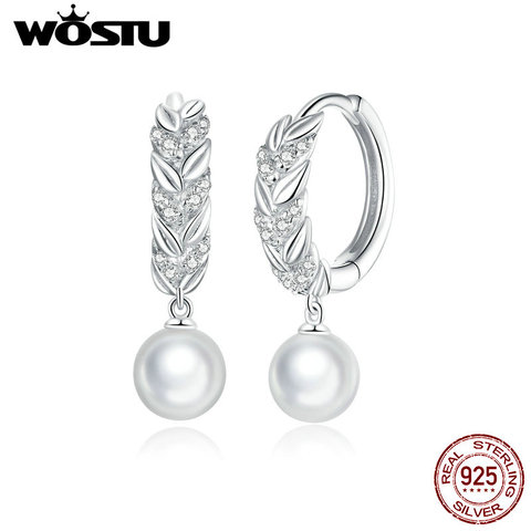 WOSTU-pendientes de plata de ley 925 auténtica para mujer, aretes de aro con perlas de trigo brillantes de CZ, joyería de Amistad CTE446 ► Foto 1/6