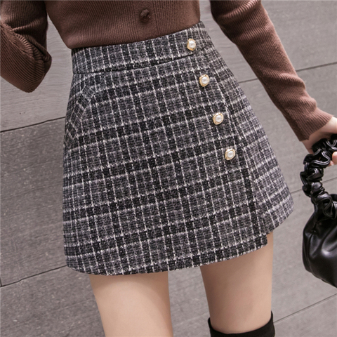 Faldas cortas a cuadros de Tweed para mujer, pantalones de lana de cintura alta con botonadura única, informales, novedad, Otoño e Invierno ► Foto 1/6