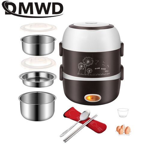 DMWD-fiambrera de calefacción eléctrica portátil, Mini olla arrocera de acero inoxidable, 3 capas, vaporizador de alimentos, recipiente de comida, calentador, EU ► Foto 1/6