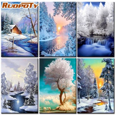 RUOPOTY-pintura al óleo por números de Paisaje de nieve para invierno, Kits artesanales, enmarcado en lienzo, imagen de paisaje de árbol por números ► Foto 1/6