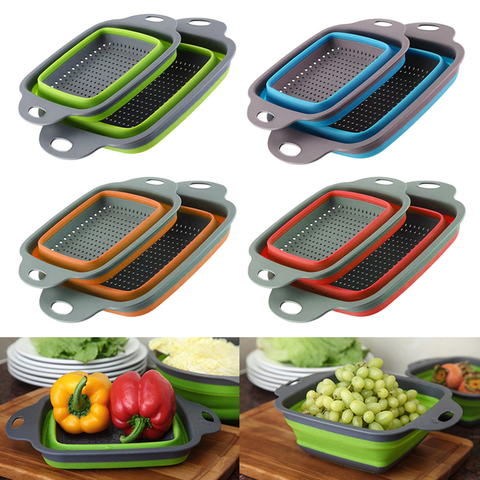 Cesta plegable para lavar frutas y verduras, colador de silicona portátil, escurridor plegable con utensilios de cocina con mango ► Foto 1/6