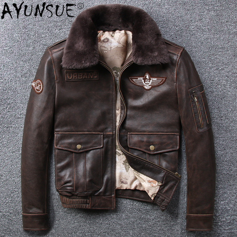 AYUNSUE-chaqueta de cuero Cuero de vaca Real para hombre, abrigo Retro para motocicleta, ropa de invierno, LXR679 ► Foto 1/1