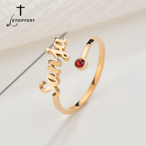 Letdiffery-Anillos personalizados con nombre de piedra de nacimiento para mujer, joyería personalizada de cristal ajustable de acero inoxidable, regalos de cumpleaños únicos ► Foto 1/6