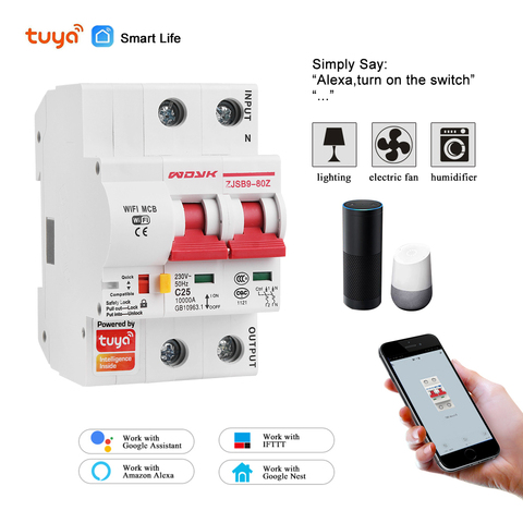 Vida inteligente (tuya) app 2p WiFi interruptor de circuito inteligente sobrecarga cortocircuito protección con Alexa google home para casa inteligente ► Foto 1/6