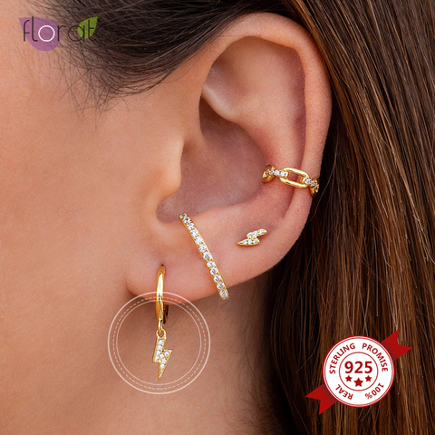 Pendientes de aro de Plata de Ley 925 con forma de Rayo de circonia cúbica para mujer, joyería de moda de color dorado y plateado ► Foto 1/4