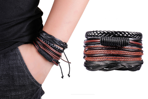 4 Uds. Pulseras de cuerda y piel Punk Vintage para hombres pulsera hecha a mano pulsera envoltura de joyería pulseras y brazaletes ► Foto 1/6